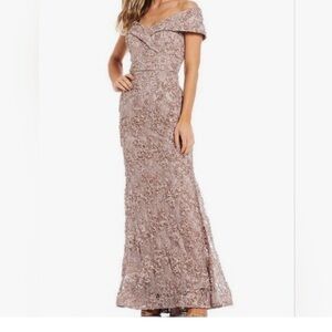 Xscape Embroidered Off-the-Shoulder Lace A-Line Gown Taupe
Size 10